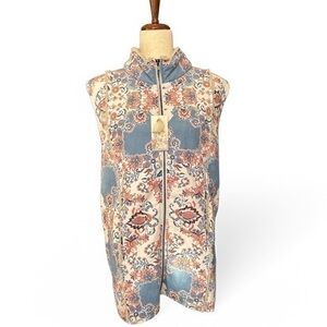 Johnny Was Faux Sherpa Lined Zip Vest Blue Cream Boho NWT Size M